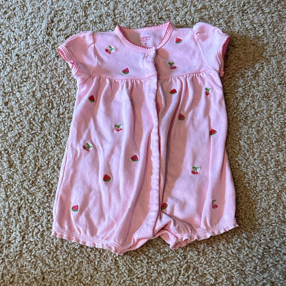 Pink Baby Romper with Watermelon and Cherry Embroidery